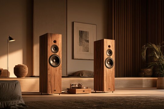 Two modern wooden speakers and a turntable presenting a high fidelity sound system in a minimalist interior