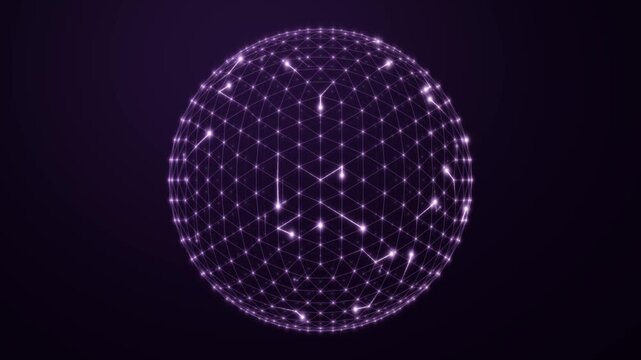 Purple connected particle sphere with glowing triangular mesh animation loop