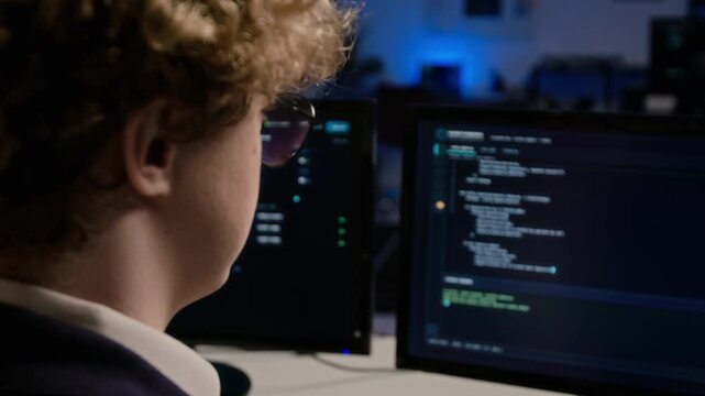 Caucasian young adult programmer analyzing code on computer screens in over shoulder shot. Visuals fit cybersecurity advertising, software development promos, and IT training videos