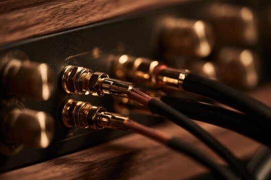 Gold-plated rca connectors plugging into the back of a stereo audio component