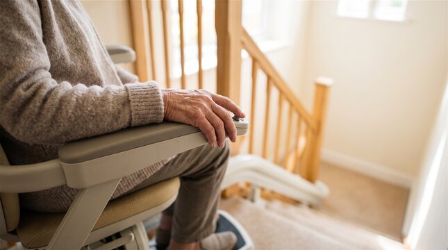 Elderly person using home stairlift for mobility