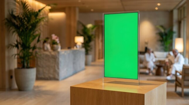 A digital screen with a green chroma key stands on a wooden stand in a hotel lobby