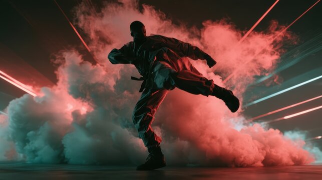 Male fighter executing a high kick amidst vibrant smoke and glowing laser beams