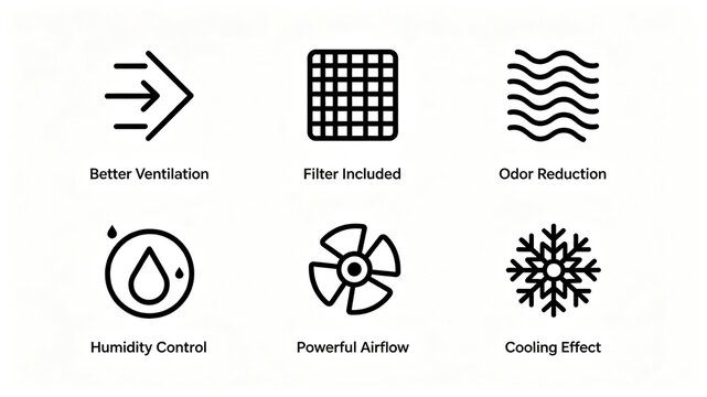 Black and white line air handling function icon, representing ventilation and humidity control, strong cooling, suitable for promoting the selling points of air appliances.
