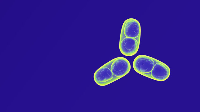Close-up shot of glowing green capsule-shaped bacteria on a blue background, microscopic cells.