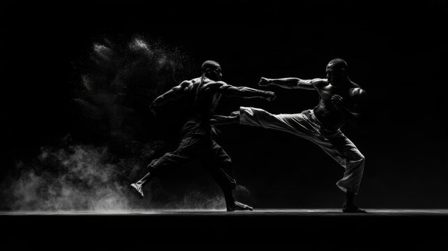 Two martial artists performing a powerful kick and punch with dust cloud in motion
