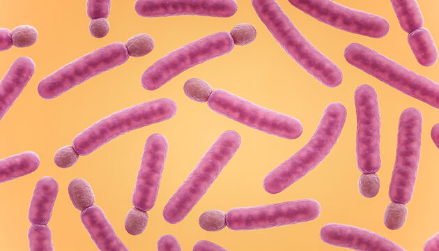 Pink rod-shaped bacteria with terminal spores resembling tetanus floating on yellow background under microscope.