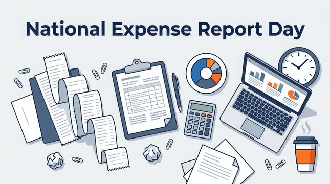 Flat lay illustration of office supplies for national expense report day with receipts, laptop, and financial charts