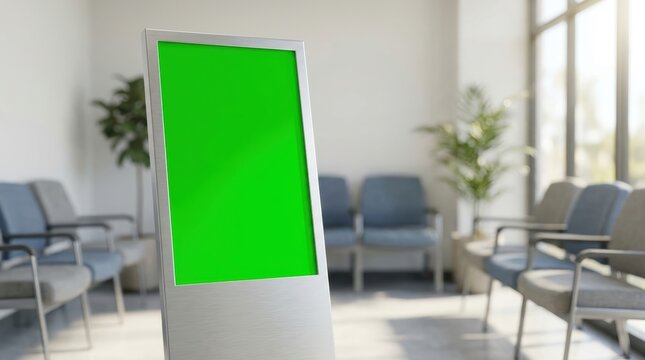 Digital display screen with green screen in a waiting room with chairs and plants