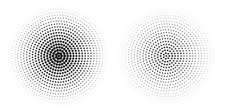 Set of halftone dots gradient pattern texture isolated on white background. Straight dotted spots using halftone circle dot raster texture. Vector blot half tone collection.