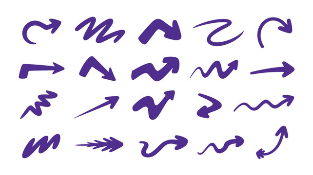 Set of purple hand drawn arrow elements for design projects