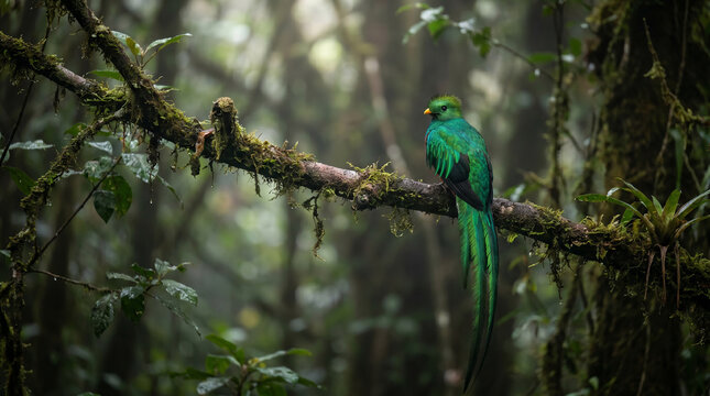 Resplendent Quetzal perched on a mossy branch in the misty cloud forest of Central America
