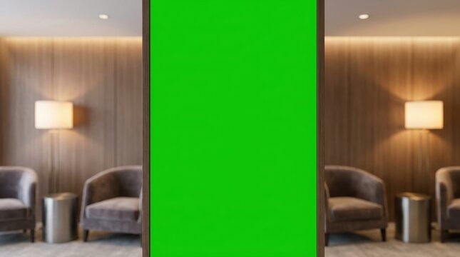 A vertical green screen display is positioned in the center of a modern waiting area with chairs