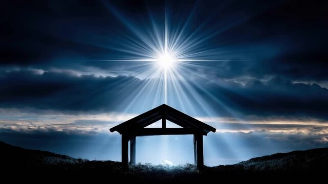 A radiant star shines brightly in a dramatic night sky, casting divine light upon a simple stable. ..Created with Generative AI, not depicting real subjects.