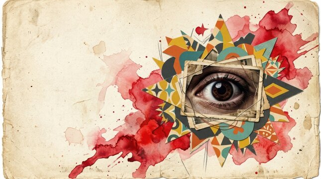 Close up of a human eye layered with abstract shapes and red watercolor splashes on aged paper