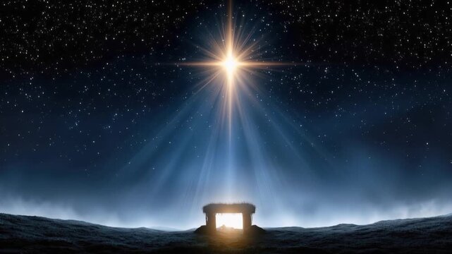 A radiant star shines brightly in the night sky, casting a beam of light upon a humble stable, evoking a sense of peace and divine wonder. ..Created with Generative AI, not depicting real subjects.