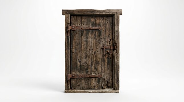 Rustic wooden door with rusty metal hinges and latch presenting a weathered appearance
