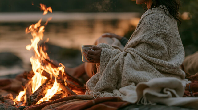a campfire, wrapped in a textured, offwhite blanket. She holds a white mug filled with a dark liquid, likely coffee or tea. The fire is burning brightly.