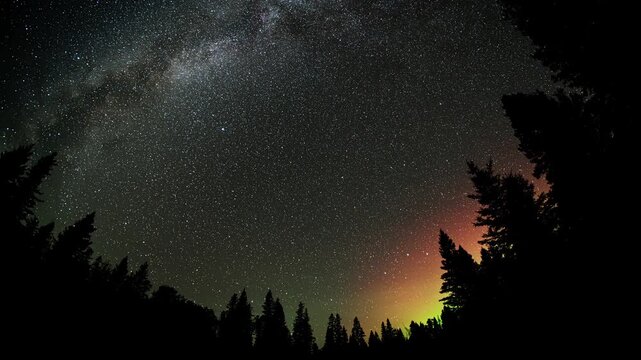 Wide angle night sky time lapse of Milky Way and Aurora behind a silhouette midground of park evergreen trees. A seven hour spectacular nighttime show.
