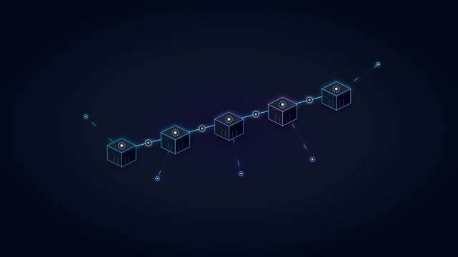 Blockchain technology network animation of interconnected glowing cryptographic data blocks with digital tokens and neon connection nodes on dark background for decentralized ledger concept