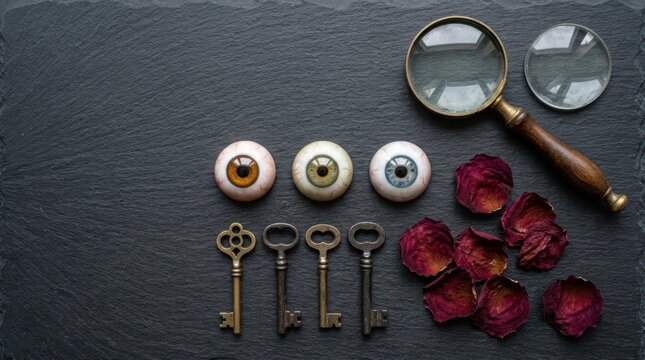 Three artificial eyes and four vintage keys are arranged with dried rose petals and a magnifying glass