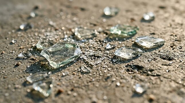 Sharp shattered pieces of broken safety glass scattered dangerously across a concrete surface outdoors