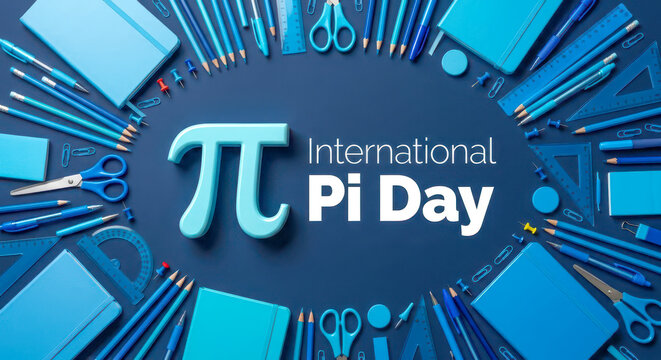 International pi day concept with pi symbol and school supplies