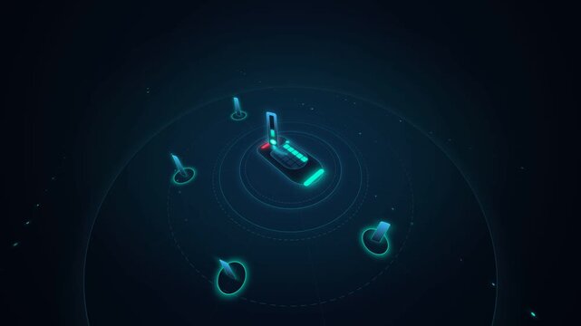 Contactless POS payment terminal network animation of central merchant card reader surrounded by wireless devices transmitting financial transaction data on dark futuristic tech background