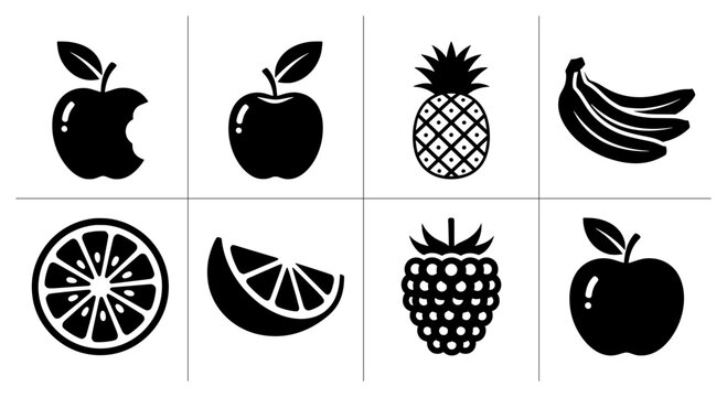 Fruit icons set with apple, pineapple, banana, orange slice and raspberry for healthy eating logo