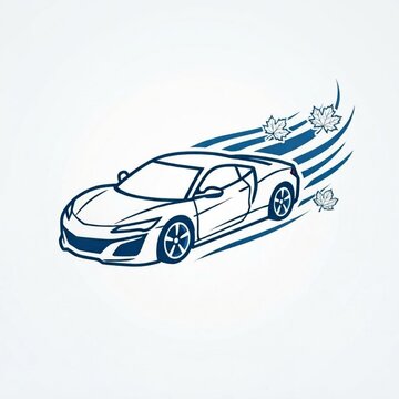 Blue sports car speeding with dynamic wind lines and autumn leaves, vector illustration