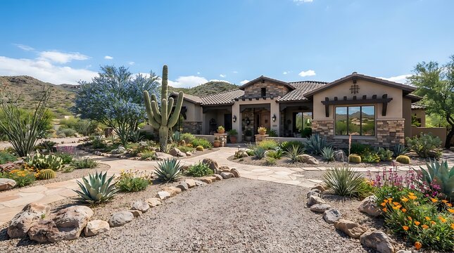 Luxury desert home with saguaro cactus and desert plants in a sunny landscape. arizona front yard
