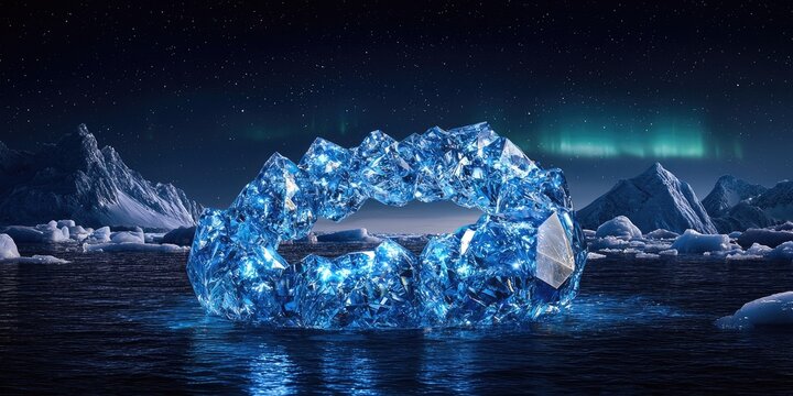 Massive floating ice formations rise from calm ocean under night sky with stars visible above dark blue water. Generative by AI.