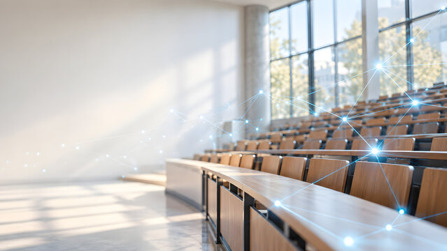 Empty lecture hall with digital network, education technology concept