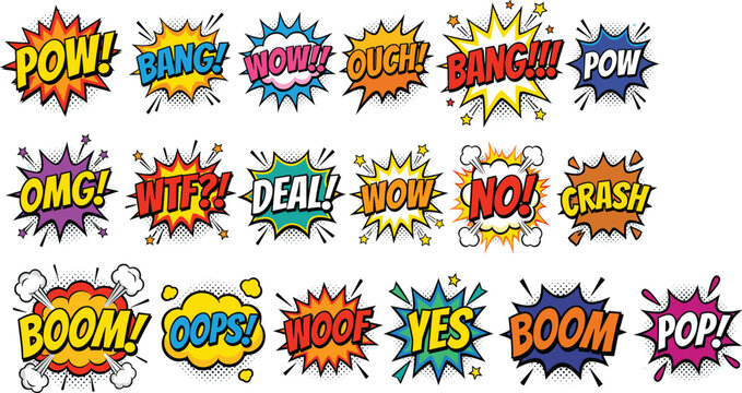 Colorful Comic Book Speech Bubble Vector Set Featuring Explosive Sound Effects Like Pow, Bang, Boom, Omg, and Pop for Retro Designs