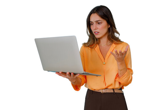 Frustrated young woman holding laptop feeling confused and stressed due to a technical problem or software glitch, transparent background