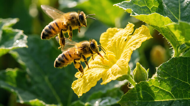 Two honeybees pollinating bright yellow flower on green leaf isolated