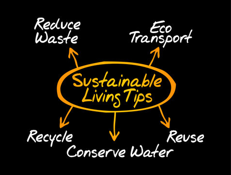 SUSTAINABLE LIVING TIPS diagram explaining reduce waste, eco transport, recycle, conserve water, and reuse principles for environmental protection, eco-friendly lifestyle, and clean conservation.