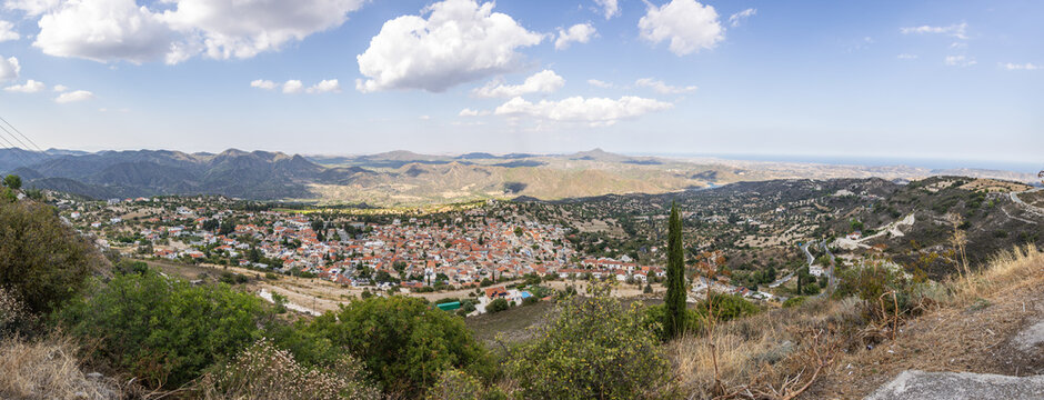 Panoramic  overhead view from the nearby hill of mountain village Lefkara in Cyprus