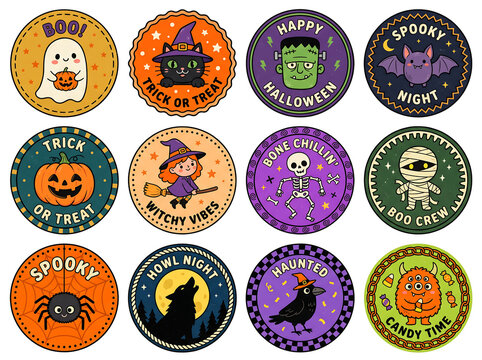 Cute kawaii Halloween monster and character round badge vector collection