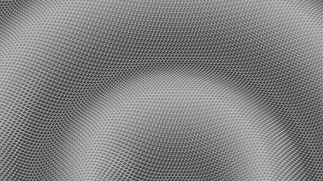 Monochrome grayscale wireframe cube mesh forms a rippling topographic wave landscape in a 3D animation