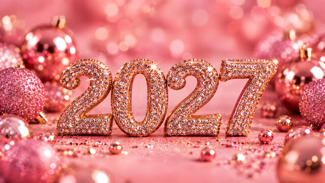 Sparkling rose gold numbers representing year twenty twenty seven surrounded by shiny festive Christmas baubles and glittering confetti on soft pink background during joyful winter holiday season cele