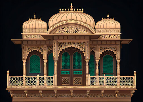 Royal Rajasthani jharokha balcony, symmetrical front-facing architecture, elaborate carved floral patterns, ornate lattice railing, elegant domed canopy, deep emerald green interior, dark terracotta, 