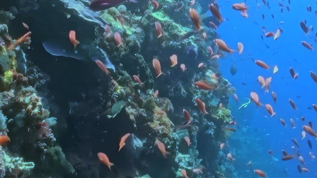 Dense Schooling Reef Fish Swim around a Coral Garden. A subdued underwater view with mixed reef colors shows fish moving with visible reef structure, documenting marine habitat and biodiversity.