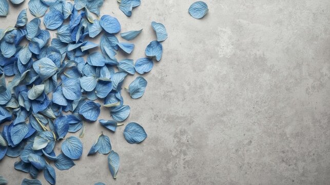 Dried blue hydrangea petals scattered on grey concrete texture with ample copy space on the right side.