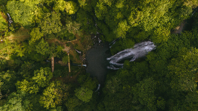 Aerial view of Tegenungan Waterfall surrounded by lush tropical forest with a dark pool and dense green canopy in Sukawati, Bali, Indonesia.