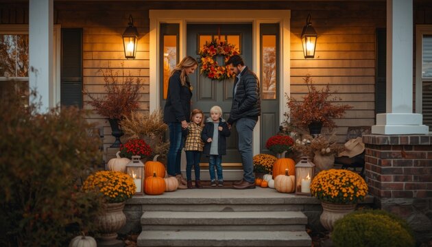 Mother and children decorate a front porch with pumpkins and autumn wreaths. Concepts: family traditions, fall home decoration, seasonal activities, Halloween preparation, Thanksgiving celebration.