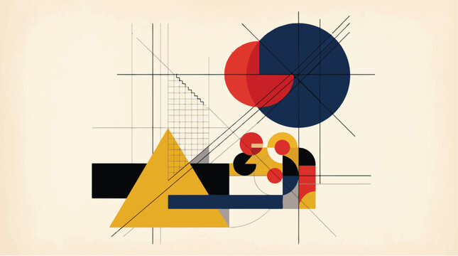 Abstract constructivist art with geometric shapes and technical grid lines yellow triangle blue circle
