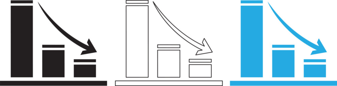 Set of three simple bar charts showing a downward financial trend