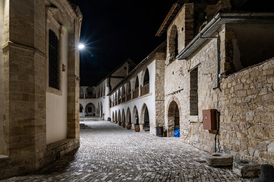 The Timios Stavros Monastery courtyard in a mountain Omodos village in Cyprus
