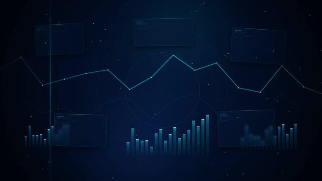 Financial stock market trading animation of glowing cyan trend line graph and fluctuating bar charts with telemetry HUD panels on dark blue background for cryptocurrency investment concept